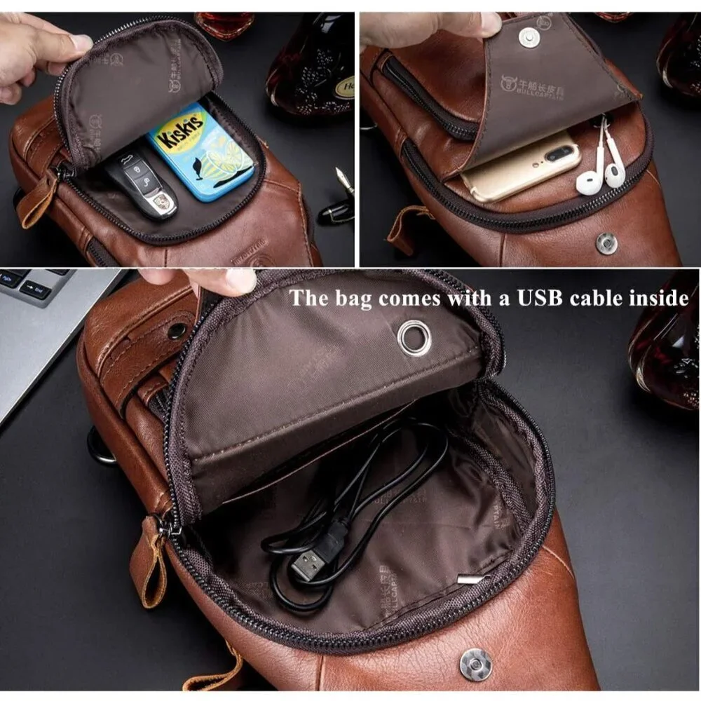 💫 Men Brown Leather Sling Bag Charging Port Multi-pocket Hiking Travel Daypack